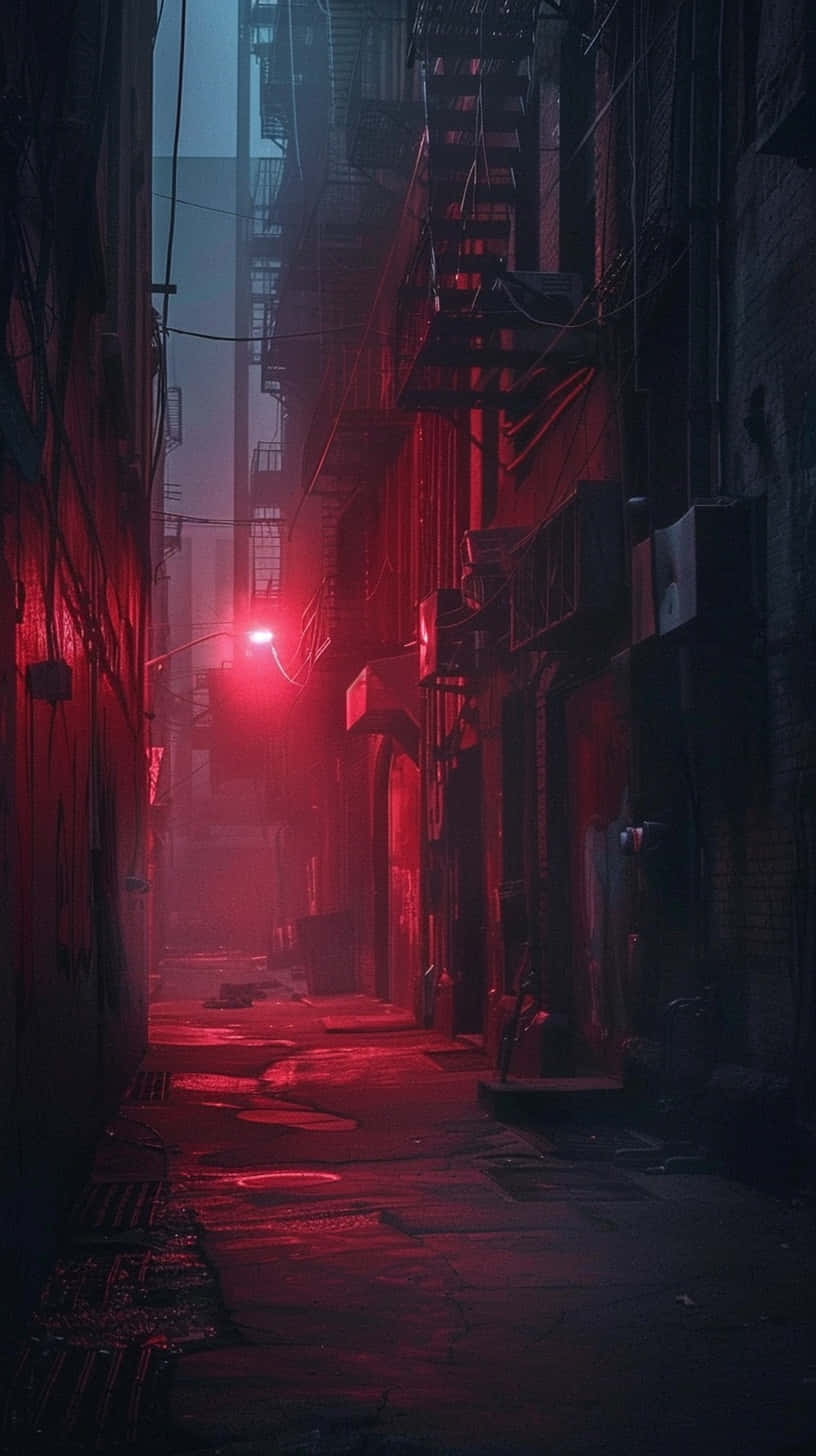  壁紙 — 一條狹窄的城市小巷，被一盞穿透迷霧黑暗的單一路燈染上詭異的紅光。