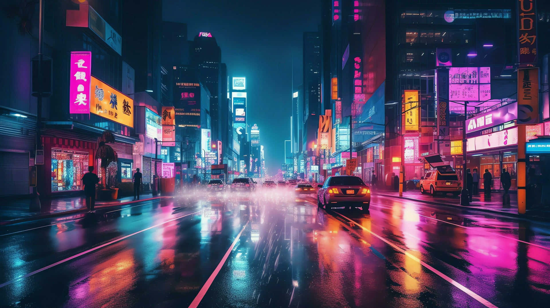  壁紙 — 夜晚一條充滿霓虹燈的賽博朋克城市街道，潮濕的人行道反射著來自高聳建築物和發光招牌的鮮豔粉紅和藍色燈光。