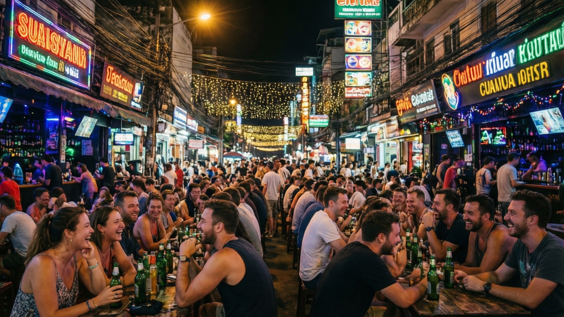 Khao San Nightlife 壁紙 — 夜晚霓虹燈閃爍的繁華街道，擠滿了在戶外酒吧的燈串下歡笑暢飲的人群。