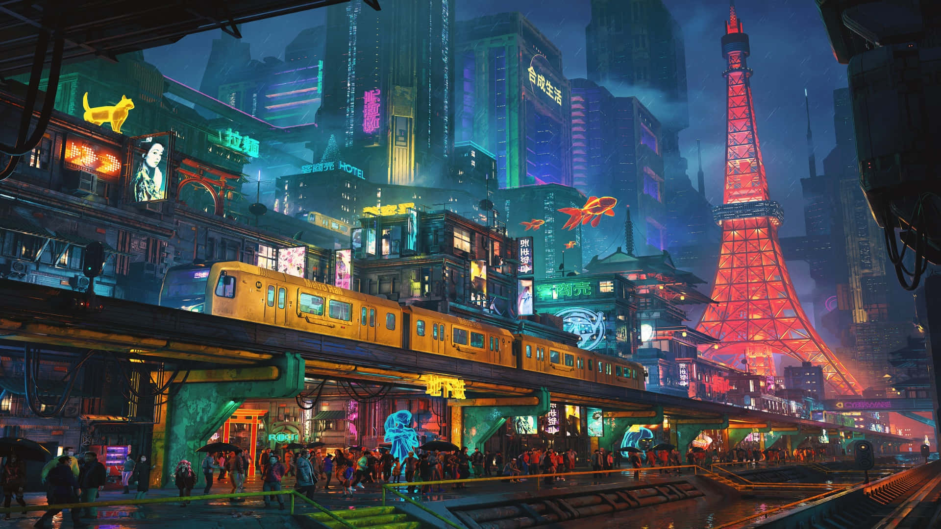  壁紙 — 夜晚霓虹燈閃爍的賽博龐克城市景觀，紅色發光的艾菲爾鐵塔和一列黃色火車駛過高架軌道。