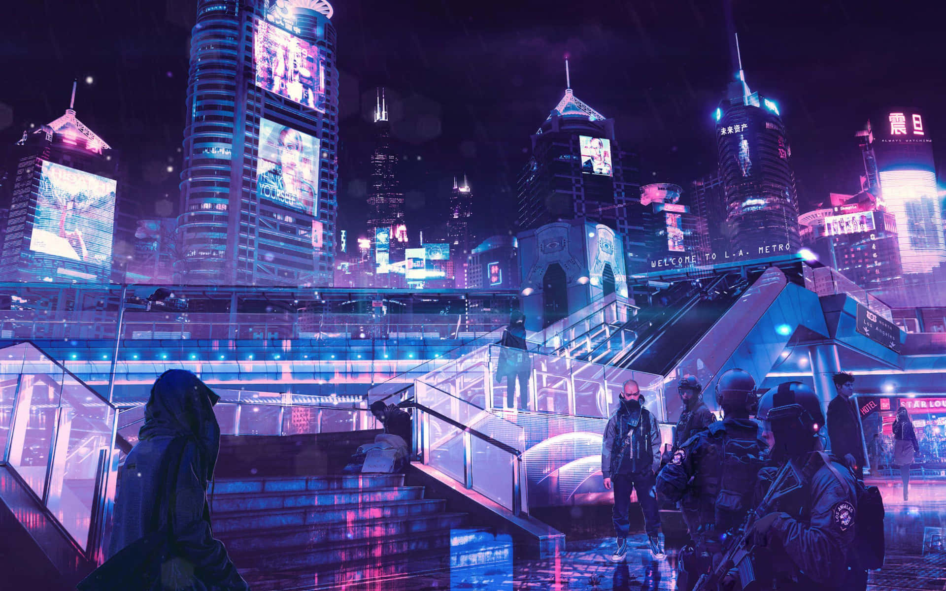  壁紙 — 夜晚霓虹燈閃爍的賽博龐克城市景觀，高聳的摩天大樓散發全息廣告的光芒，人們在玻璃步道上穿梭。