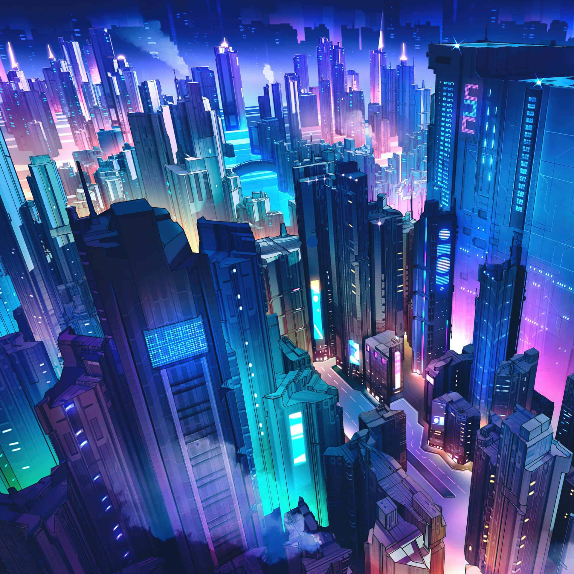  壁紙 — 夜晚霓虹燈閃爍的賽博龐克城市景觀，高聳的摩天大樓散發著電光藍和紫色光芒。