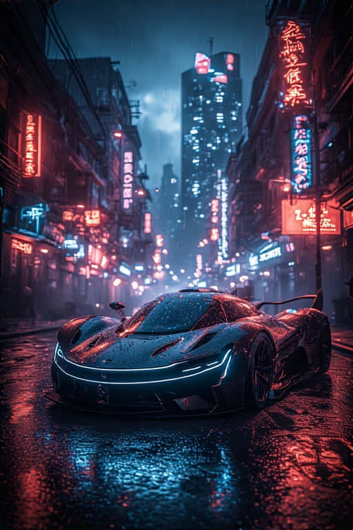 夜晚霓虹燈下濕漉漉的城市街道上的未來感跑車 — 4K 壁紙