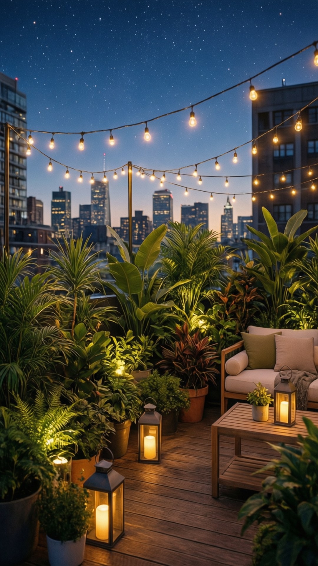Rooftop Garden Night 壁紙 — 夜晚舒適的屋頂露台，配有燈串、燈籠和茂盛植物，俯瞰繁星點點的城市天際線。