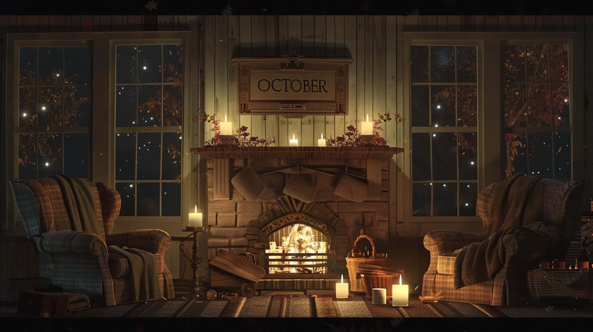 October Desktop 桌布 壁紙 — 夜晚舒適的小屋內部，有燃燒的壁爐、蠟燭，透過窗戶可以看到秋葉，上方是星空。