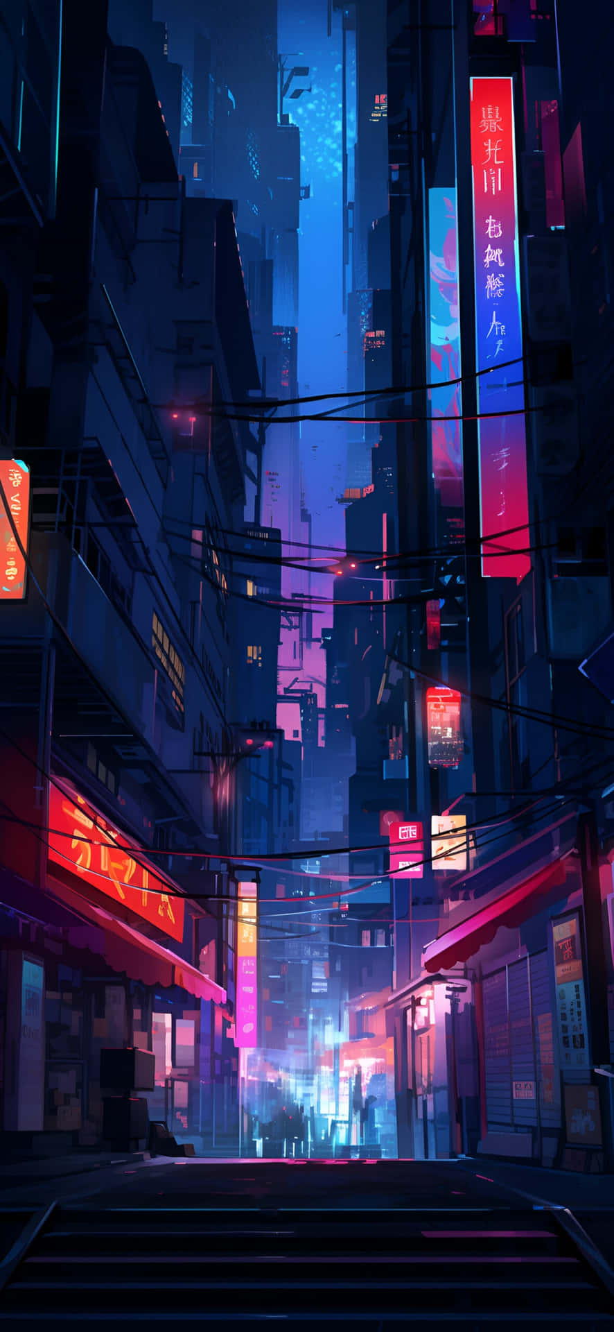  壁紙 — 夜晚一條充滿霓虹燈的賽博朋克小巷，高聳的建築物閃爍著電藍色和粉紅色的色調。