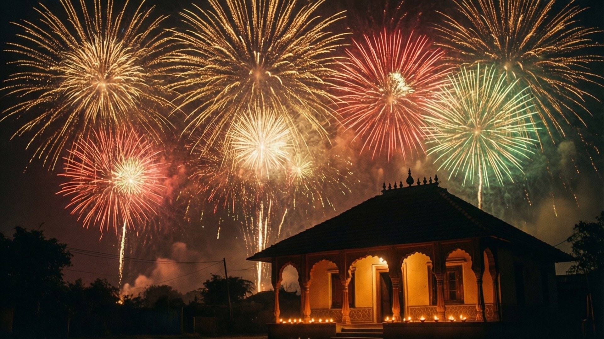 Sparkling Diwali Fireworks 壁紙 — 夜晚，溫暖照明的傳統亭子上方，鮮豔的煙火在紅色、金色和綠色中綻放。