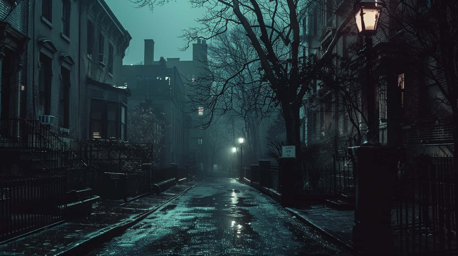  壁紙 — 夜晚霧氣瀰漫的城市街道，潮濕的人行道反射著昏暗的路燈和光禿的樹木。