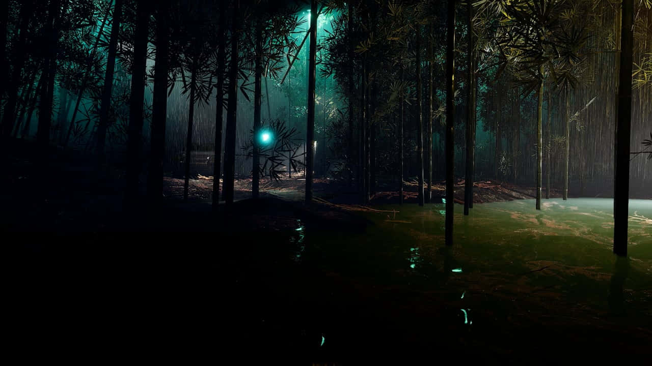  壁紙 — 夜晚霧氣瀰漫的竹林，被詭異的藍色光芒照亮，倒映在水面上。