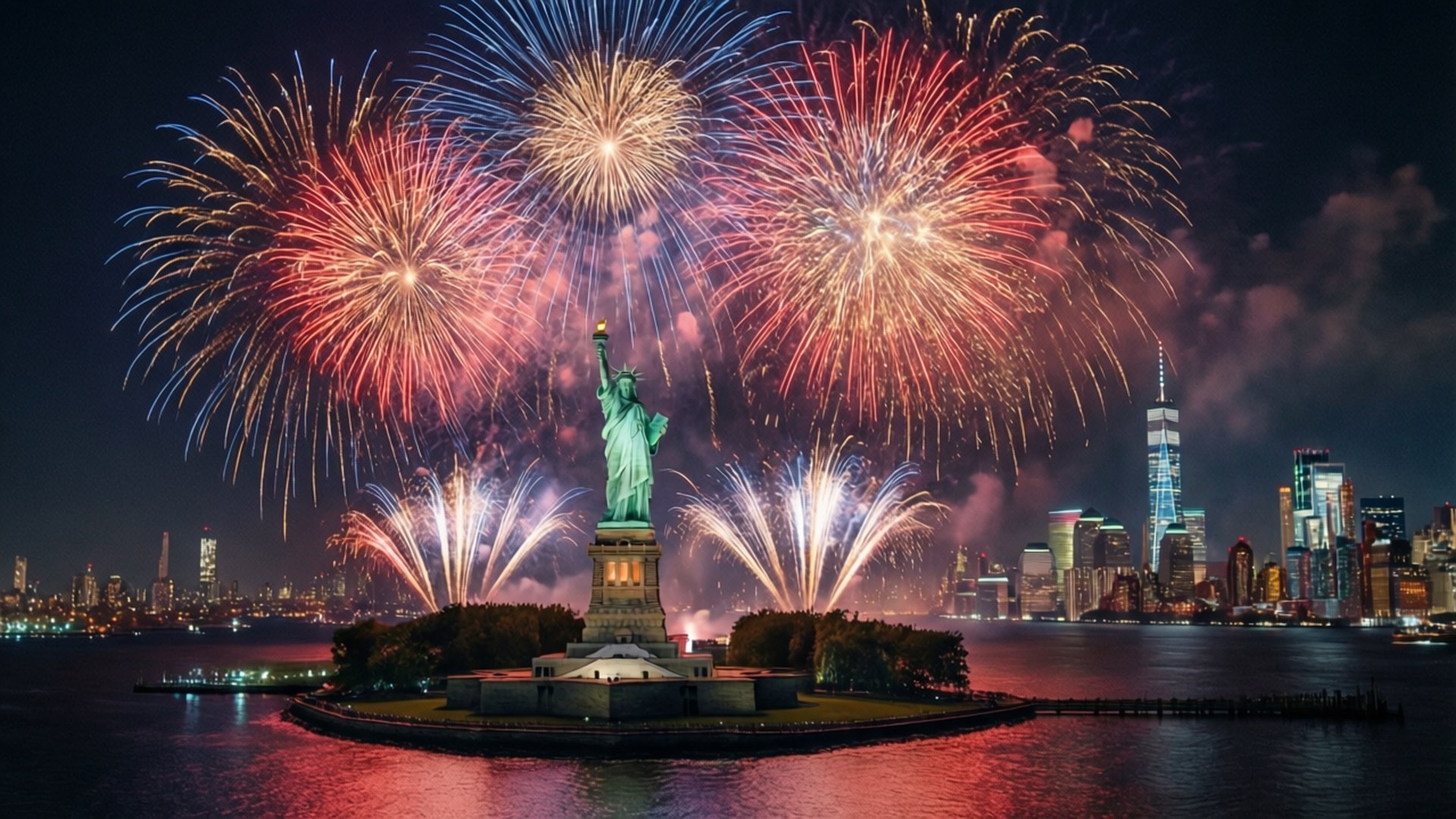 Fireworks Over Liberty 壁紙 — 夜晚，鮮豔的煙火在自由女神像和紐約市天際線上空綻放。