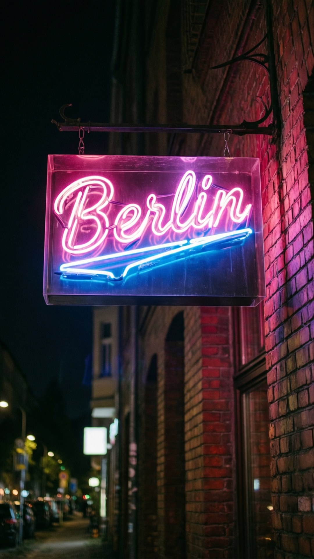 Neon Berlin Sign 壁紙 — 夜晚，一個發光粉紅色和藍色的霓虹燈牌寫著 Berlin，掛在紅磚牆上。