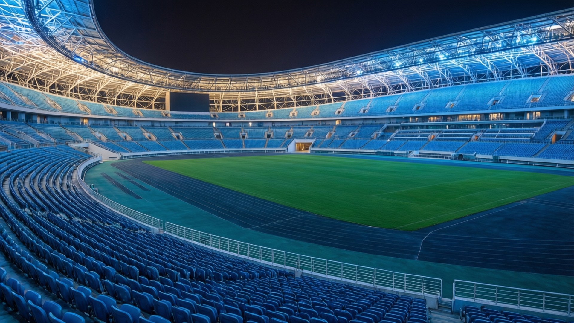 Olympic Stadium Night 壁紙 — 夜晚一個廣闊的空蕩體育館，彎曲的照明屋頂下，發光的藍色座位圍繞著充滿活力的綠色場地。