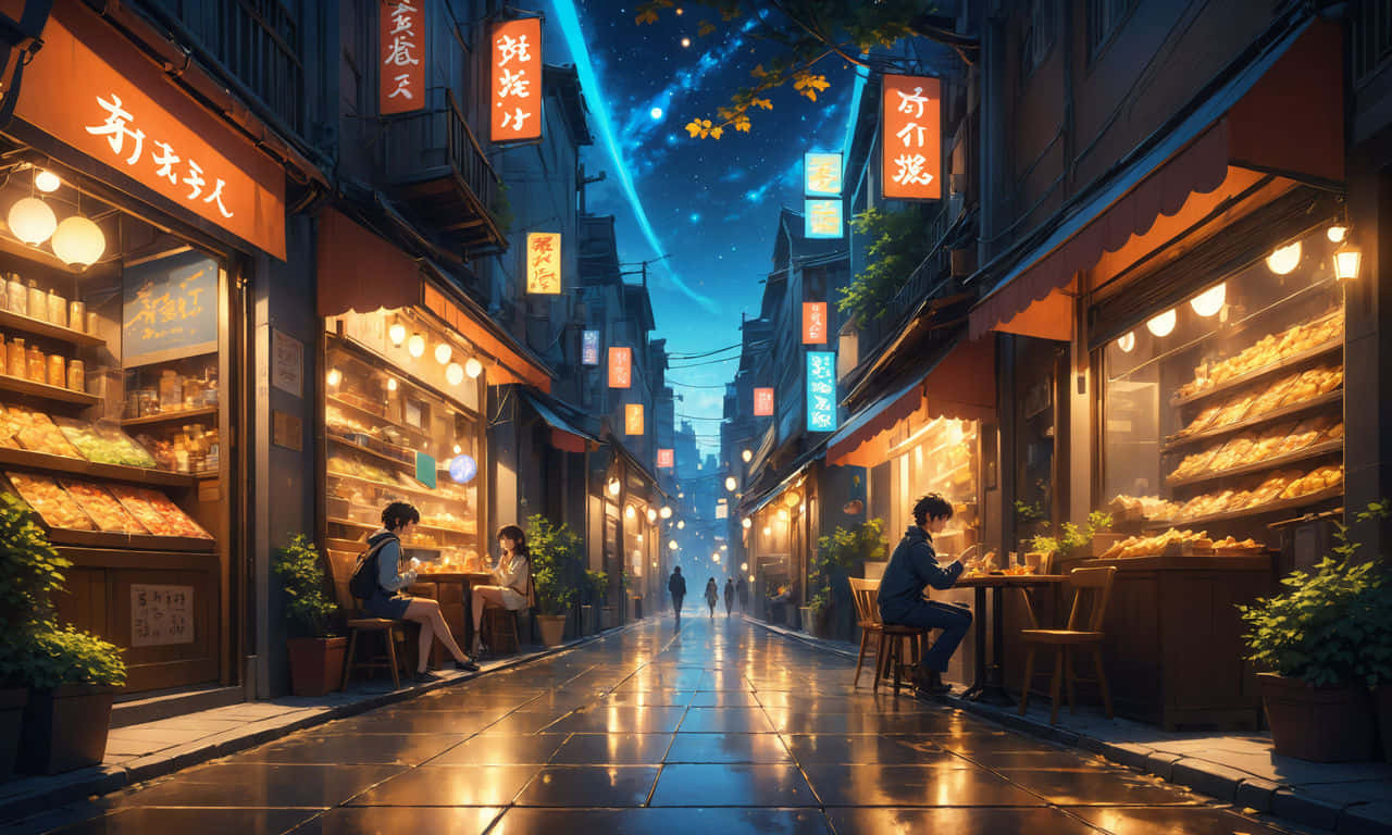  壁紙 — 夜晚一條狹窄潮濕的小巷，被溫暖的店舖燈光和發光的霓虹招牌照亮，星空下落葉飄飄。