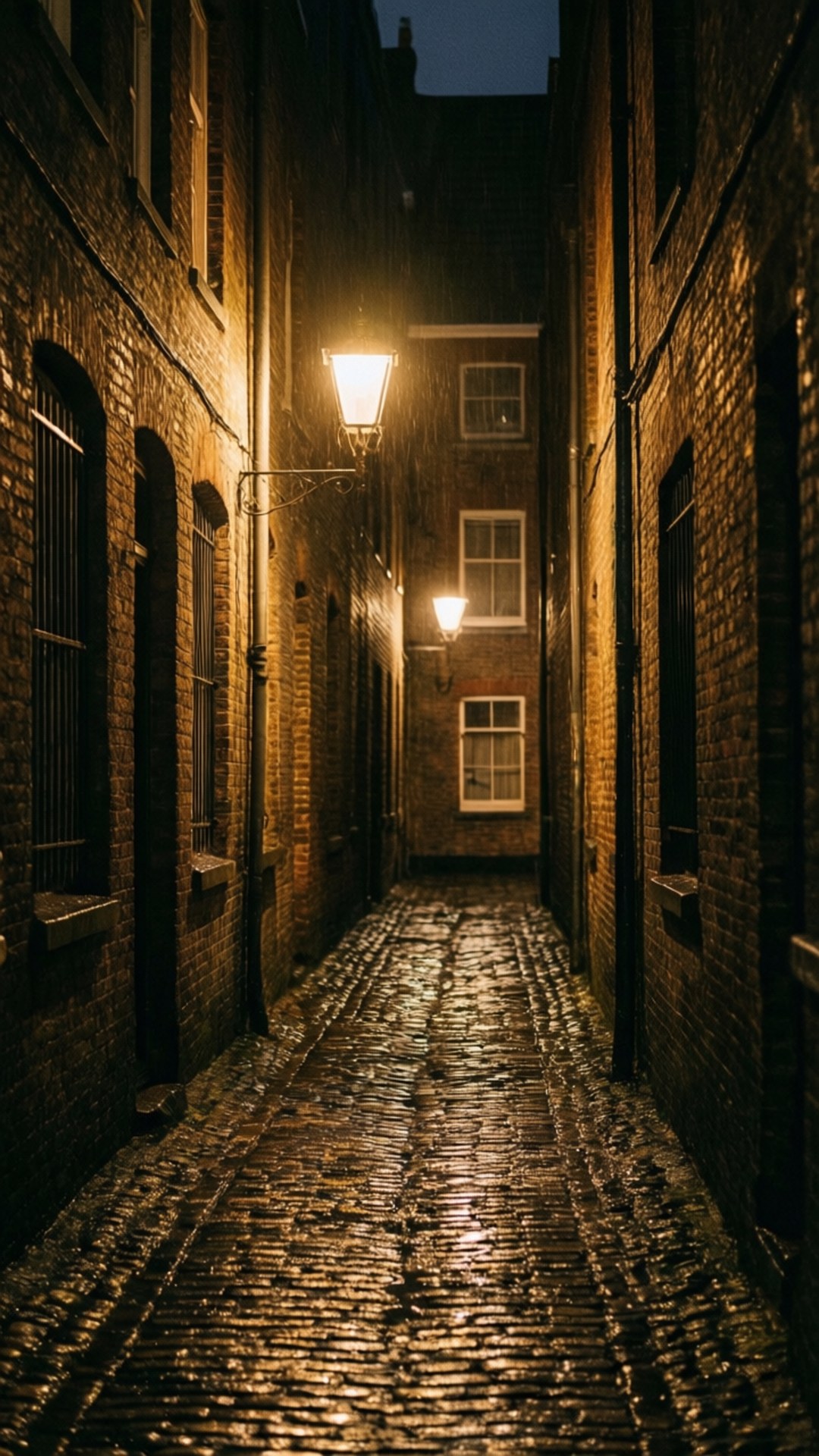Brick Alley at Night 壁紙 — 夜晚一條狹窄的鵝卵石小巷，溫暖的路燈照亮並反射在濕漉漉的磚塊上。