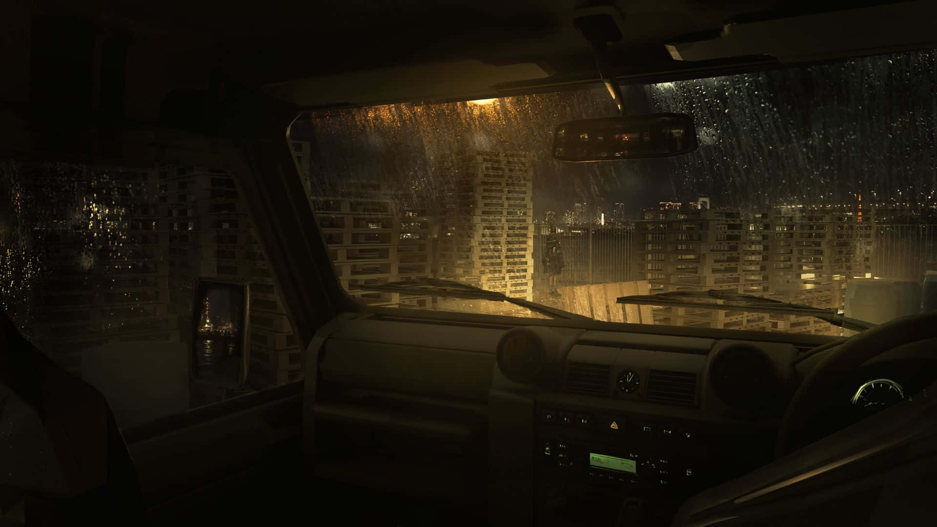  壁紙 — 夜晚雨水沿車頭擋風玻璃流下，顯露出背後高樓大廈閃爍的城市景觀。