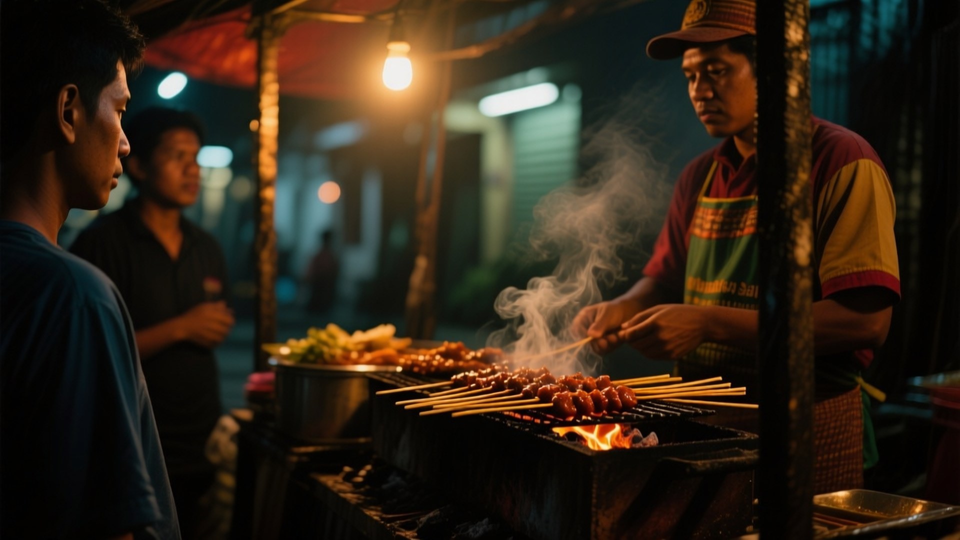 Sate Street Vendor 壁紙 — 夜晚，在溫暖的燈泡下，街頭小販在熾熱的炭火上烤著滋滋作響的串燒，顧客在等待。