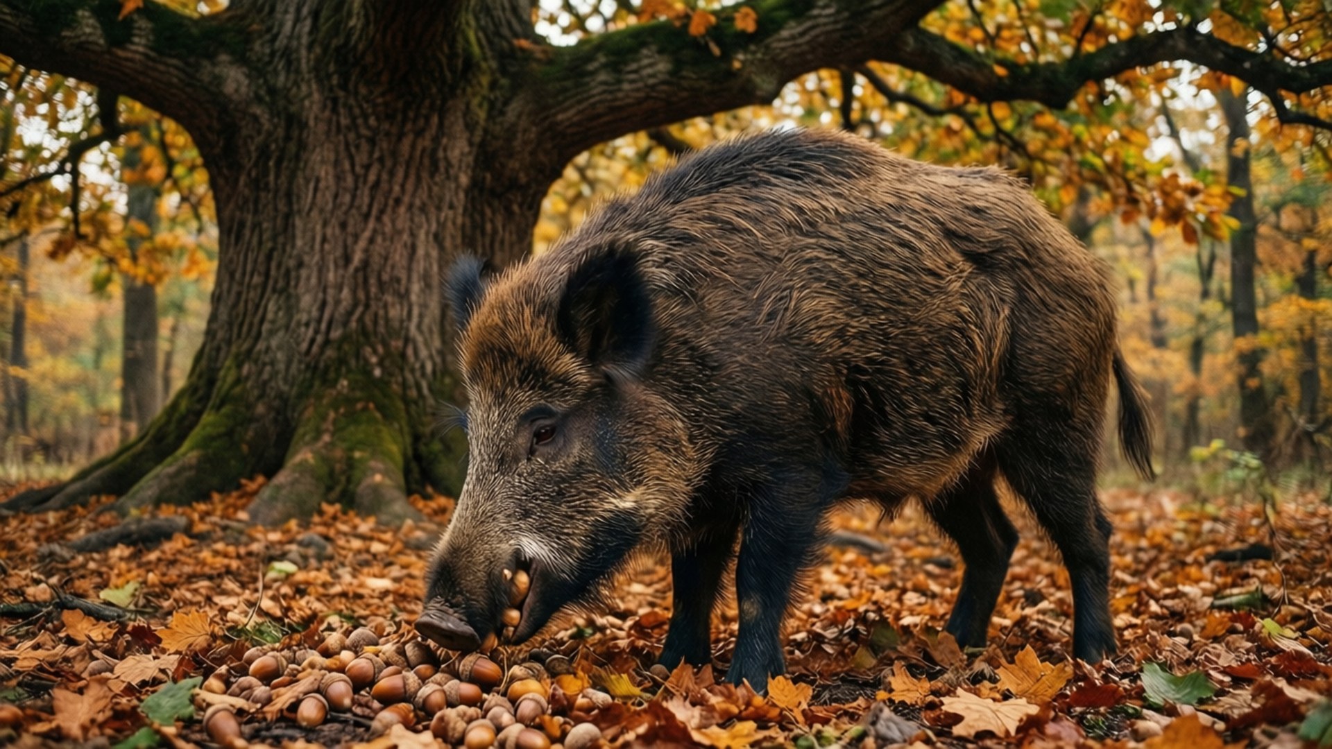 Acorn Feast 壁紙 — 一頭野豬在秋日森林的巨型橡樹下覓食掉落的橡果。
