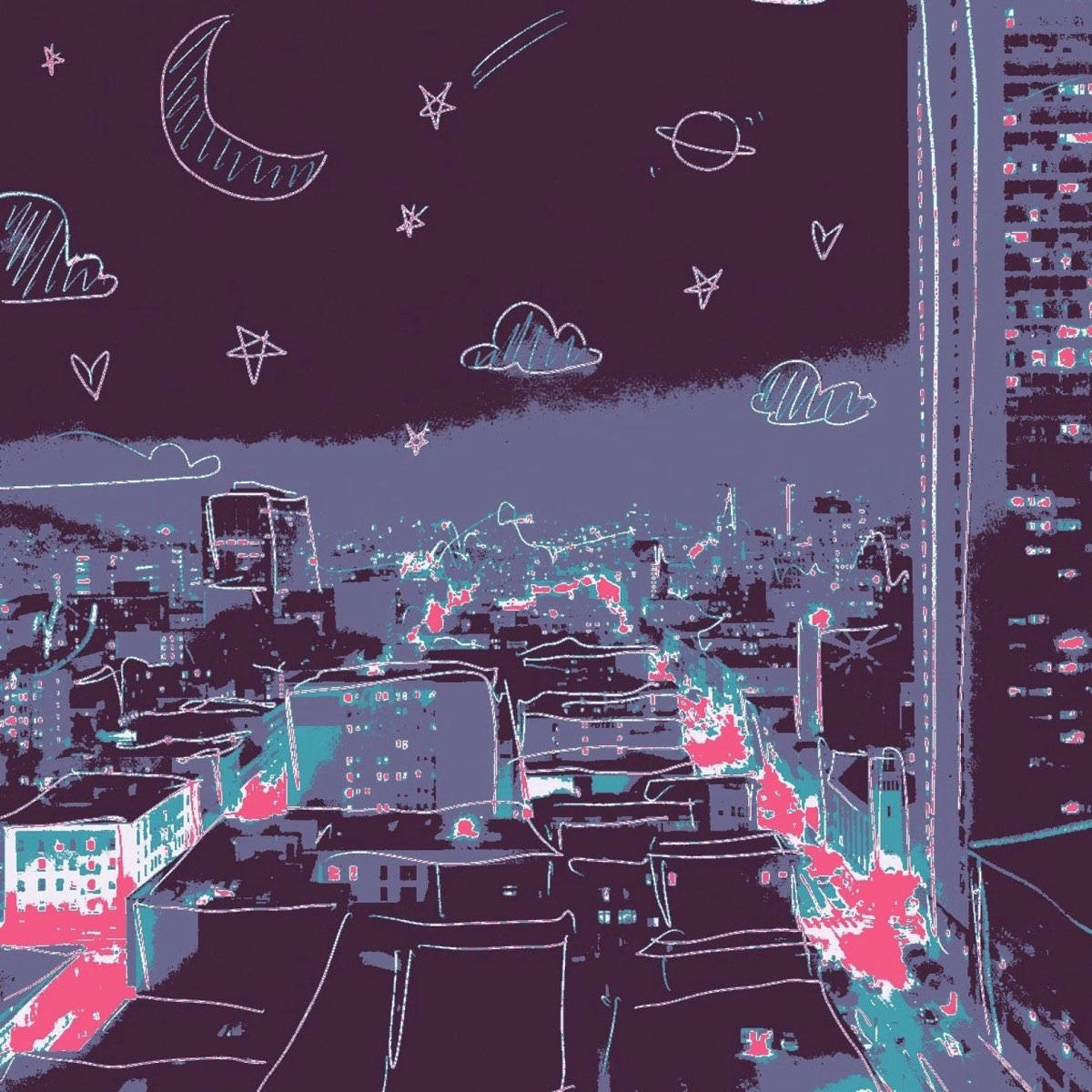 帶有霓虹燈和天體的風格化插圖中的夜景城市天際線。 — 8位元日本 壁紙