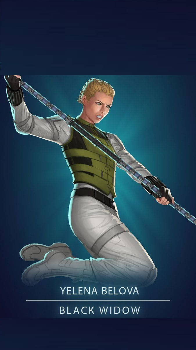 Yelena 桌布 壁紙 — Yelena Belova 以動態姿勢揮舞長棍，背景為深藍色漸變。