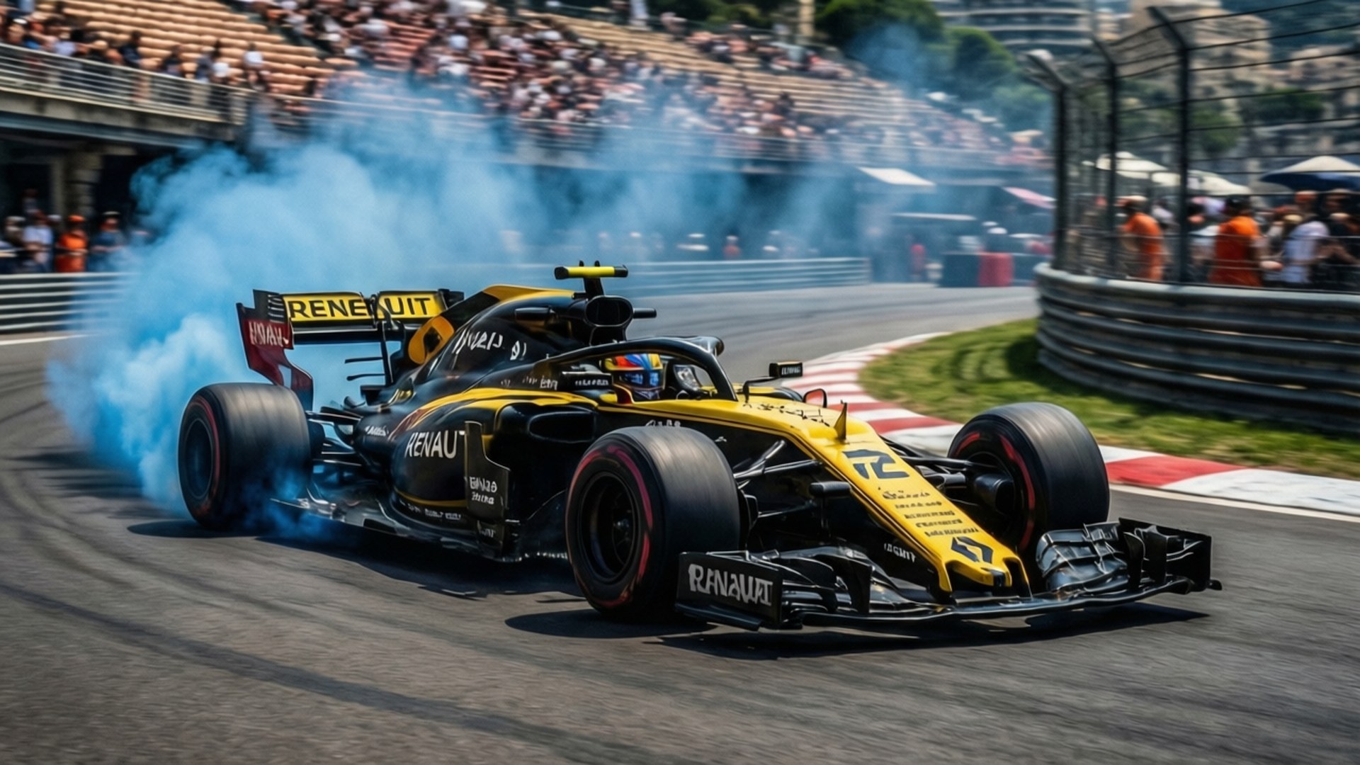F1 Monaco Thrill 壁紙 — 一輛黃色和黑色的雷諾一級方程式賽車在賽道上燒胎，釋放出濃厚的藍色煙霧，背景有觀眾。