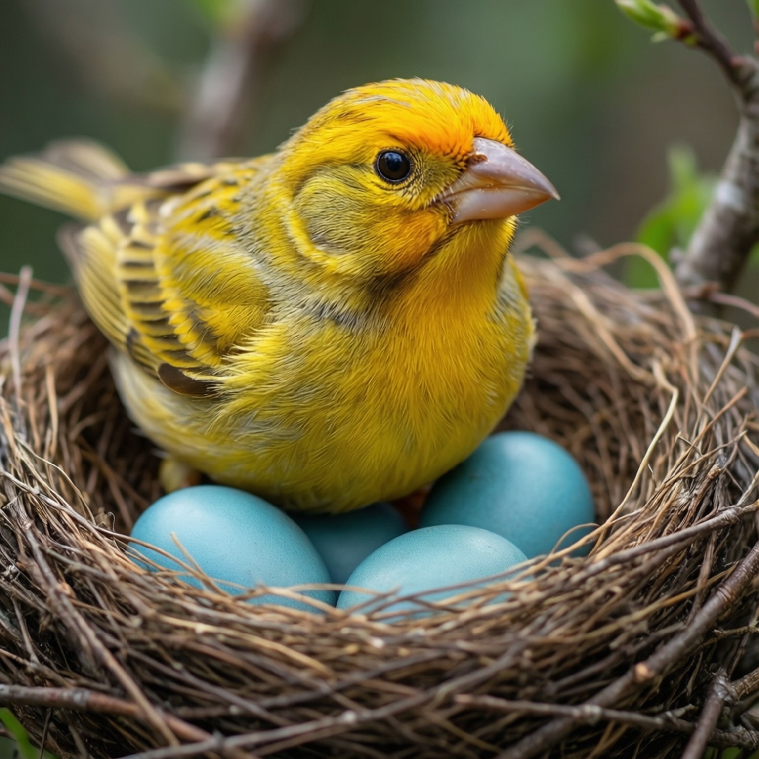 Canary Nest with Eggs 壁紙 — 一隻鮮黃色的鳥棲息在編織的巢中，巢裡有四顆光滑的藍色蛋，背景是柔和模糊的綠色。