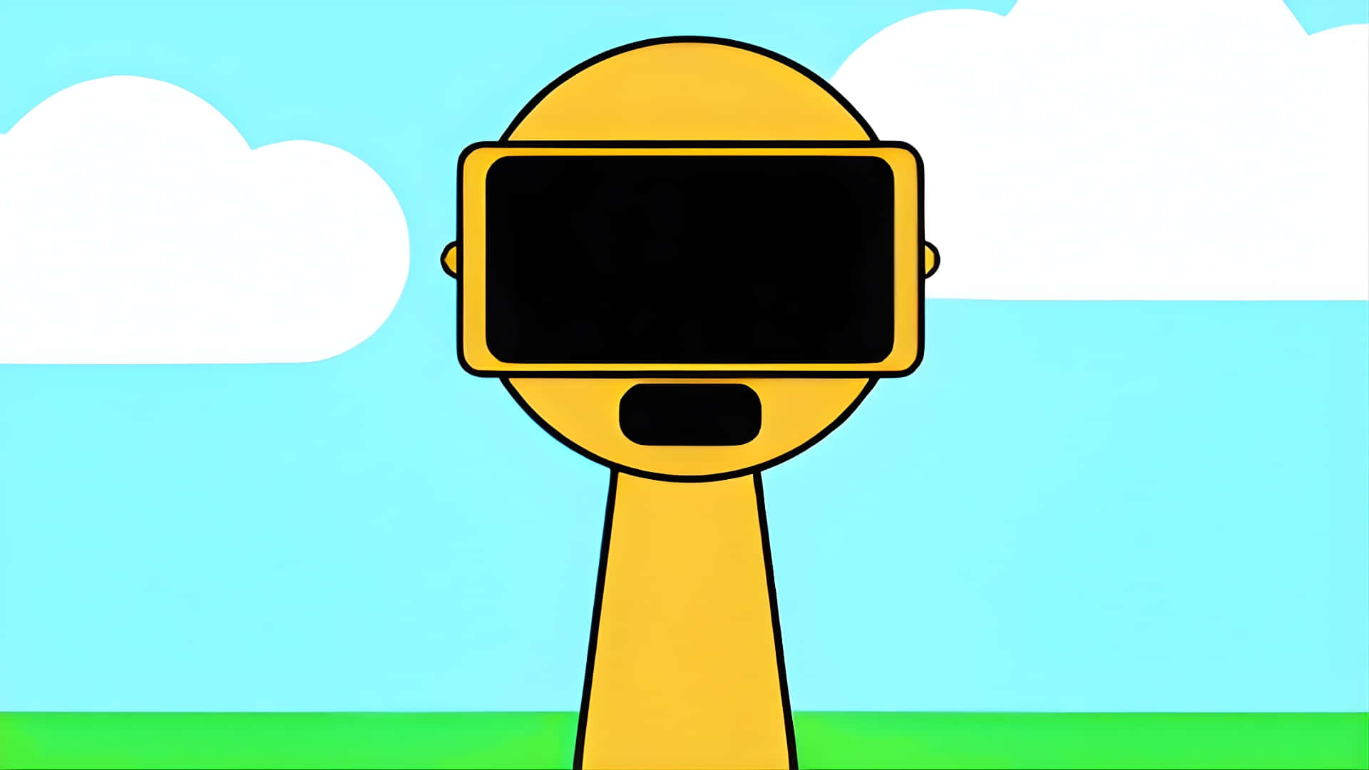  壁紙 — 一個黃色卡通角色戴著VR頭戴式顯示器，站在明亮的藍天、蓬鬆的白雲和綠草之間。