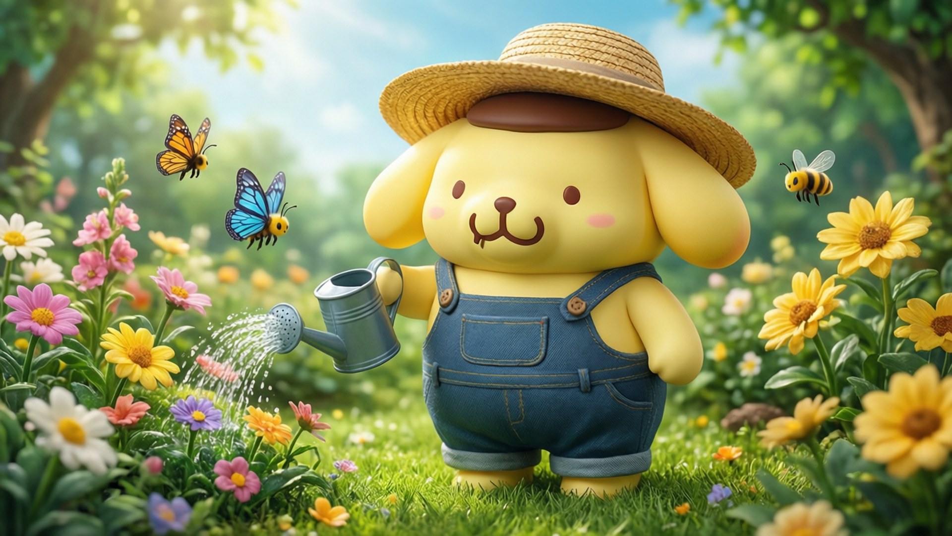 Gardener Pompompurin 壁紙 — 一隻黃色卡通小狗穿著工裝褲和草帽，在陽光明媚的花園裡澆灌色彩繽紛的花朵，周圍有蝴蝶和蜜蜂。