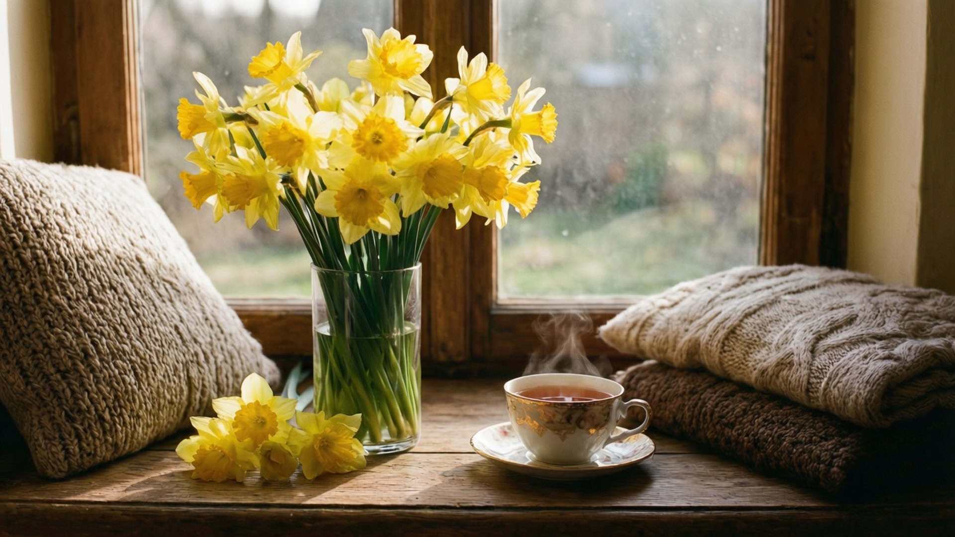 Tea and Narcissus Morning 壁紙 — 一束鮮黃色的水仙花放在木窗台上，旁邊是一杯冒熱氣的茶，還有舒適的針織毛毯和枕頭。