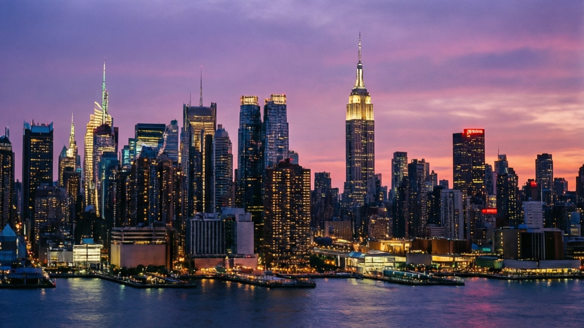 NYC Skyline at Dusk 壁紙 — 黃昏時分紐約市天際線，紫色和粉紅色的天空倒映在下方水面上。