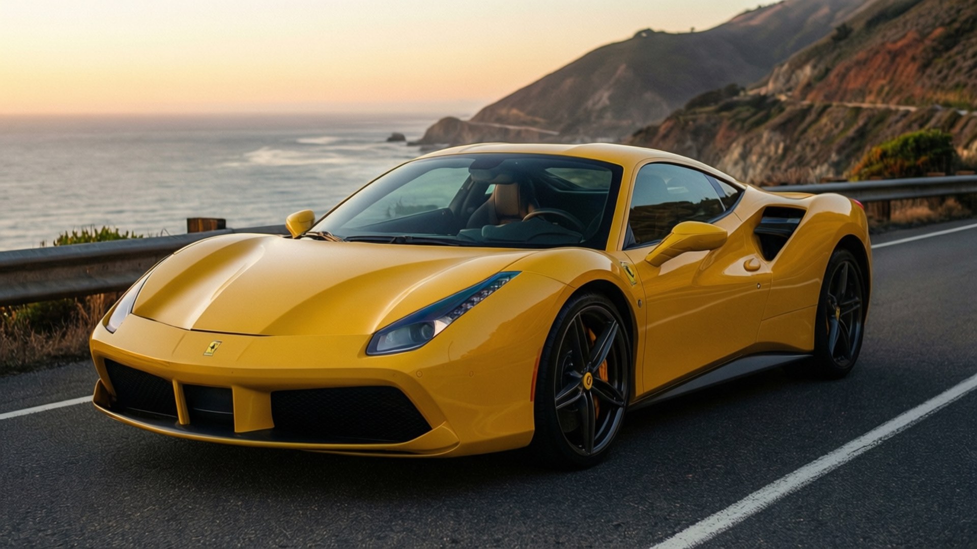 Yellow Ferrari by the Coast 壁紙 — 一輛充滿活力的黃色法拉利跑車沿著海岸公路行駛，背景是日落時分的海洋懸崖。
