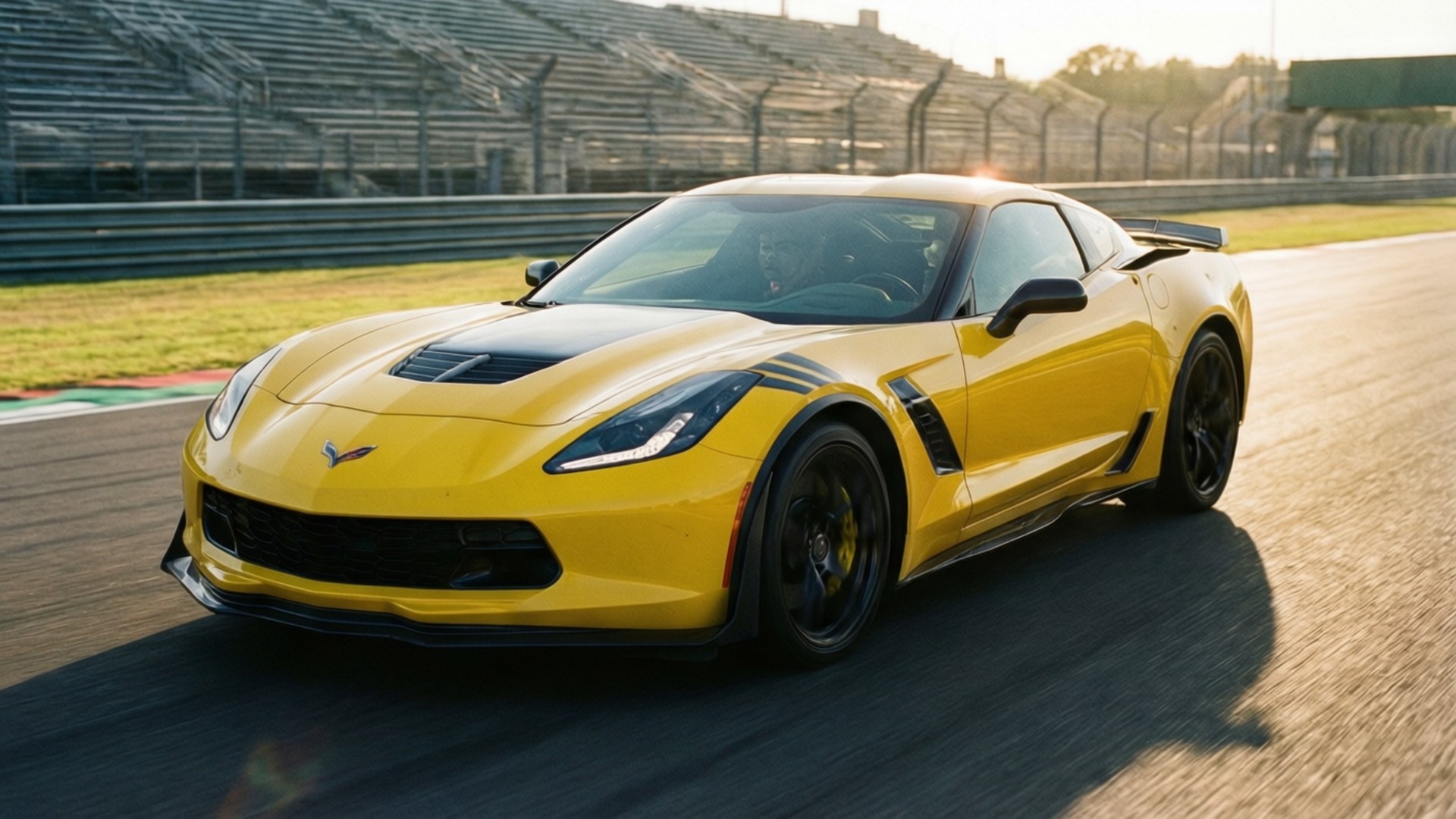 Yellow Corvette on Track 壁紙 — 一輛充滿活力的黃色雪佛蘭克爾維特跑車在金色時光的光線下沿著空無一人的看台的賽道飛馳。
