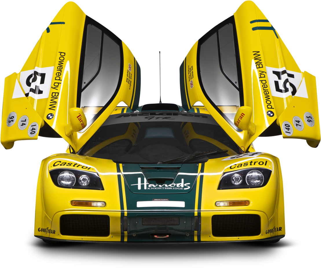 黃色McLaren F1 GTR賽車，鷗翼車門打開。 — F1 壁紙