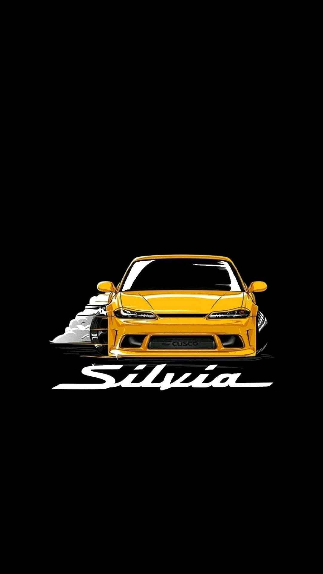 黃色日產Silvia在黑色背景上飄移冒煙。 — JDM風格 壁紙