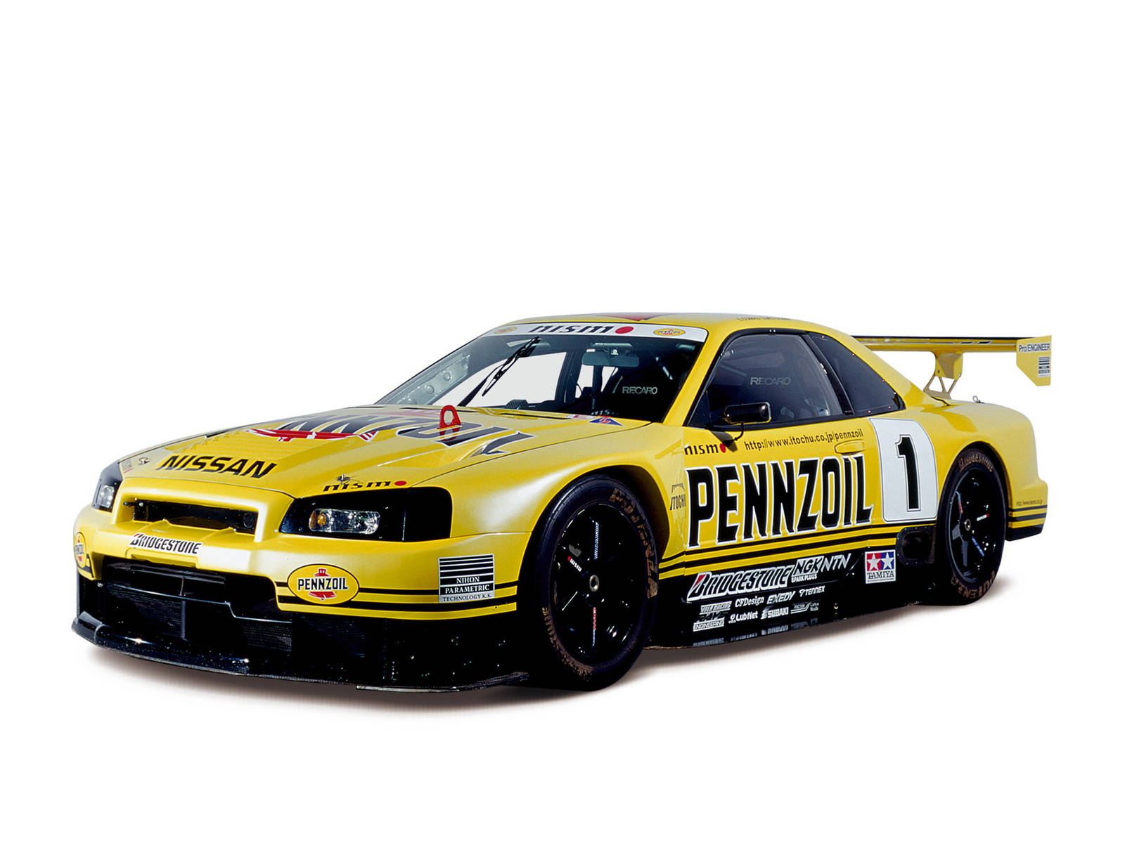 帶有Pennzoil贊助和數字一的黃色日產賽車。 — 城市天際線汽車 壁紙