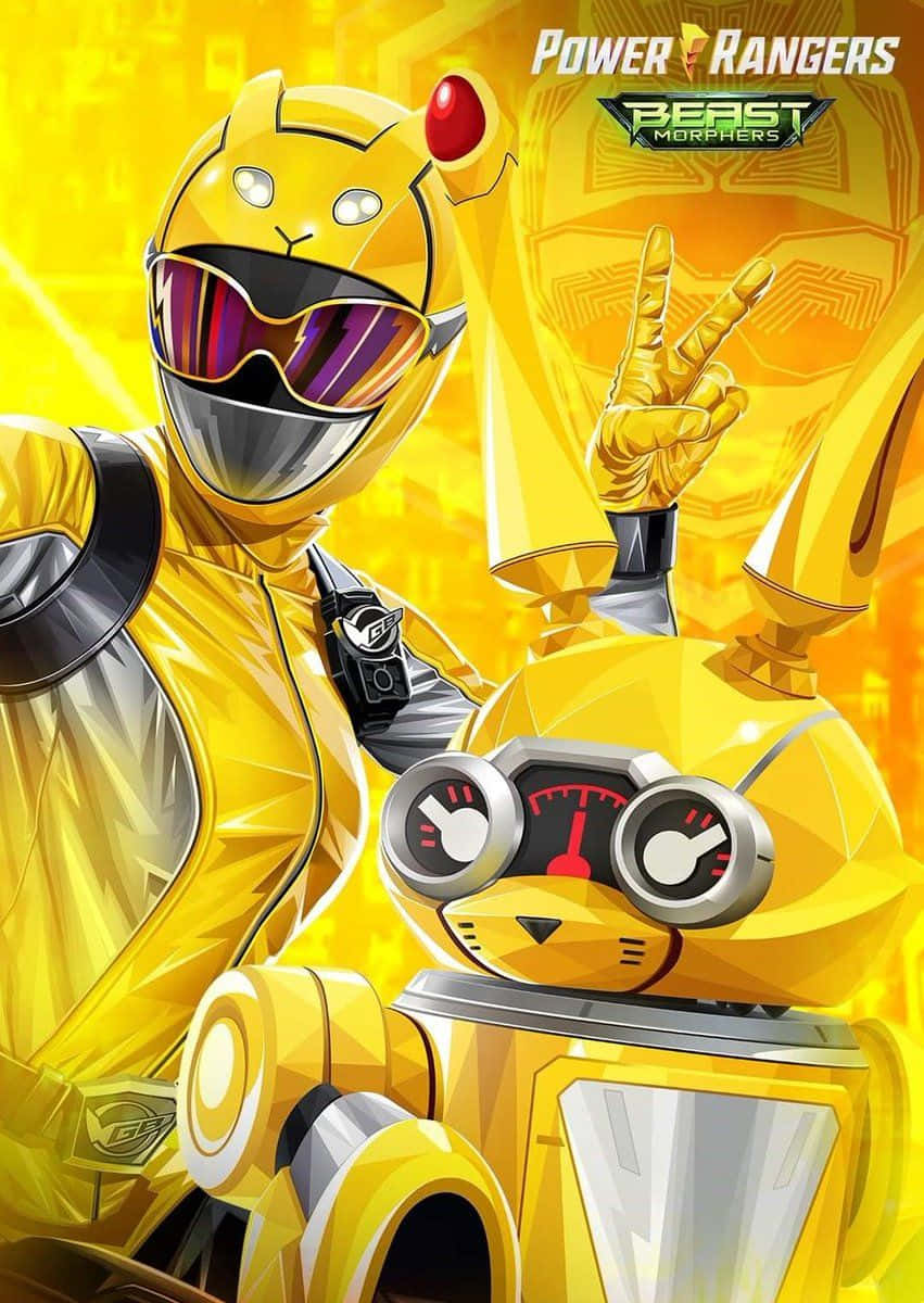  壁紙 — 一個黃色的Power Rangers Beast Morphers角色穿著貓主題的套裝，與一個機器人同伴在發光的金色背景前擺姿勢。
