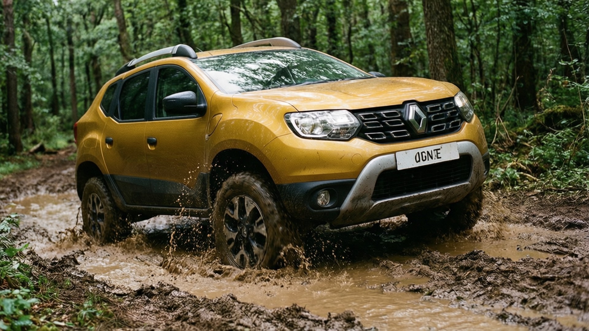 Duster Off-Road 壁紙 — 一輛黃色雷諾Duster SUV在茂密的綠色森林中濺起厚厚的泥漿。