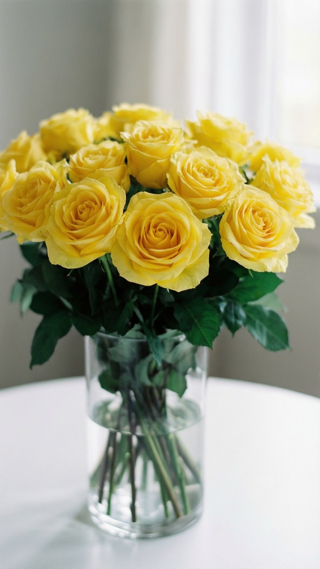 Yellow Roses Bouquet 壁紙 — 一束充滿活力的黃玫瑰，搭配茂盛的綠葉，放在窗邊白色桌子上的透明玻璃花瓶中。