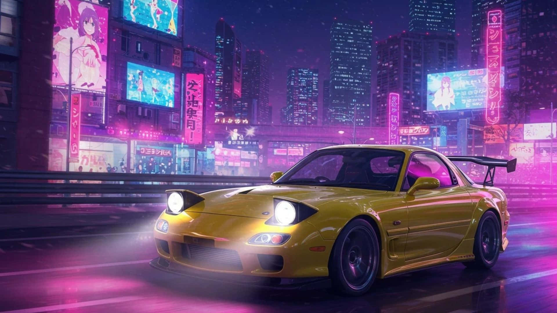  壁紙 — 一輛發光的黃色跑車在夜晚穿過霓虹燈閃爍的賽博龐克城市景觀，鮮豔的粉紅色和藍色燈光反射在潮濕的街道上。