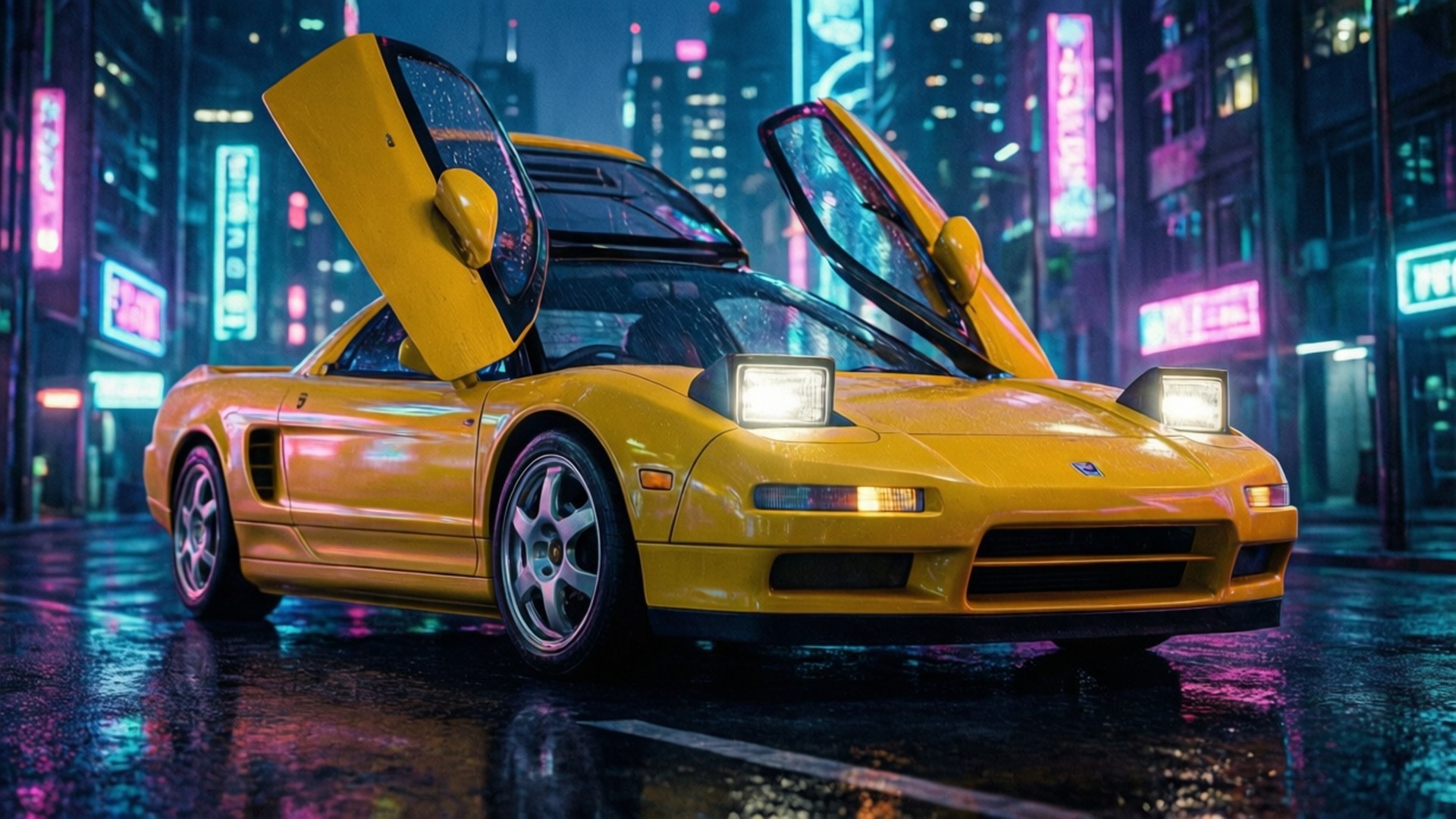 黃色跑車開門在潮濕霓虹街夜晚 — Jdm 壁紙
