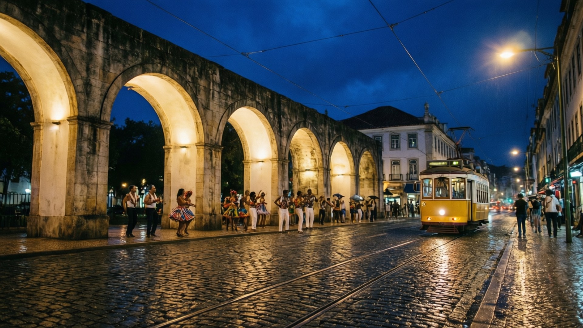 Lapa Arches Night 壁紙 — 一輛黃色電車在黃昏時分，在歷史悠久的石砌高架渠拱門下，滑過被雨水打濕的鵝卵石街道。