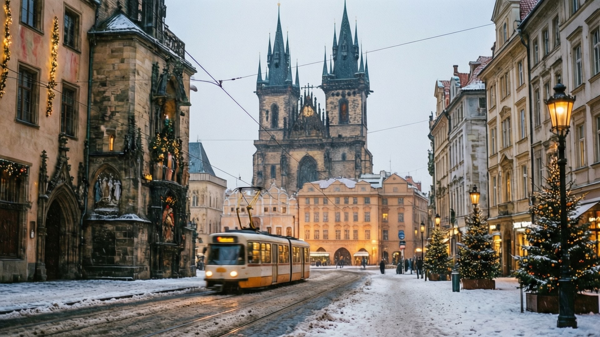 Prague Snowy Street 壁紙 — 一輛黃色電車在白雪覆蓋的布拉格街道上滑行，街道兩旁是歷史建築和閃爍的聖誕樹。