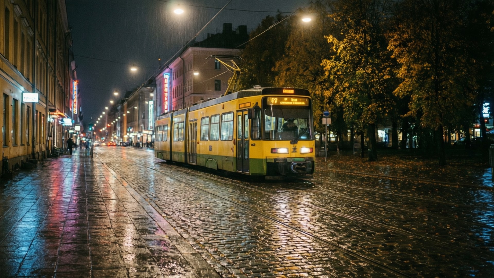 Rainy Helsinki Tram 壁紙 — 一輛黃色電車在夜間滑過被雨水浸濕的鵝卵石街道，伴隨著發光的街燈和秋天的樹木。