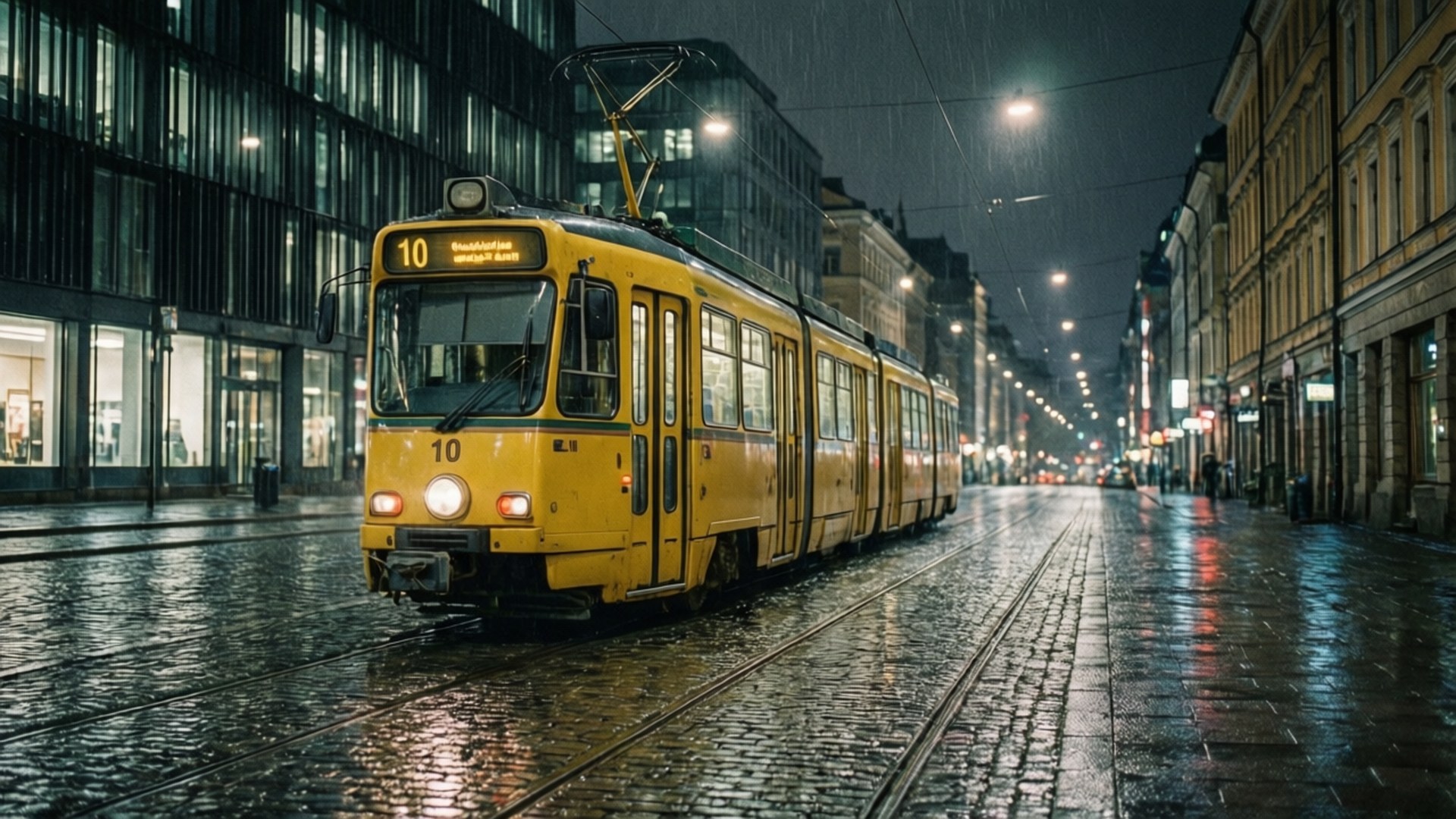Helsinki Tram Rainy Night 壁紙 — 一輛黃色10號電車在夜間沿著濕滑的鵝卵石街道行駛，發光的街燈倒映在潮濕的路面上。