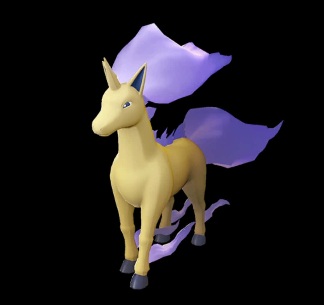 Rapidash 桌布 壁紙 — 一隻黃色、類似獨角獸的生物，擁有飄逸的紫色鬃毛和尾巴，站在黑色背景前。