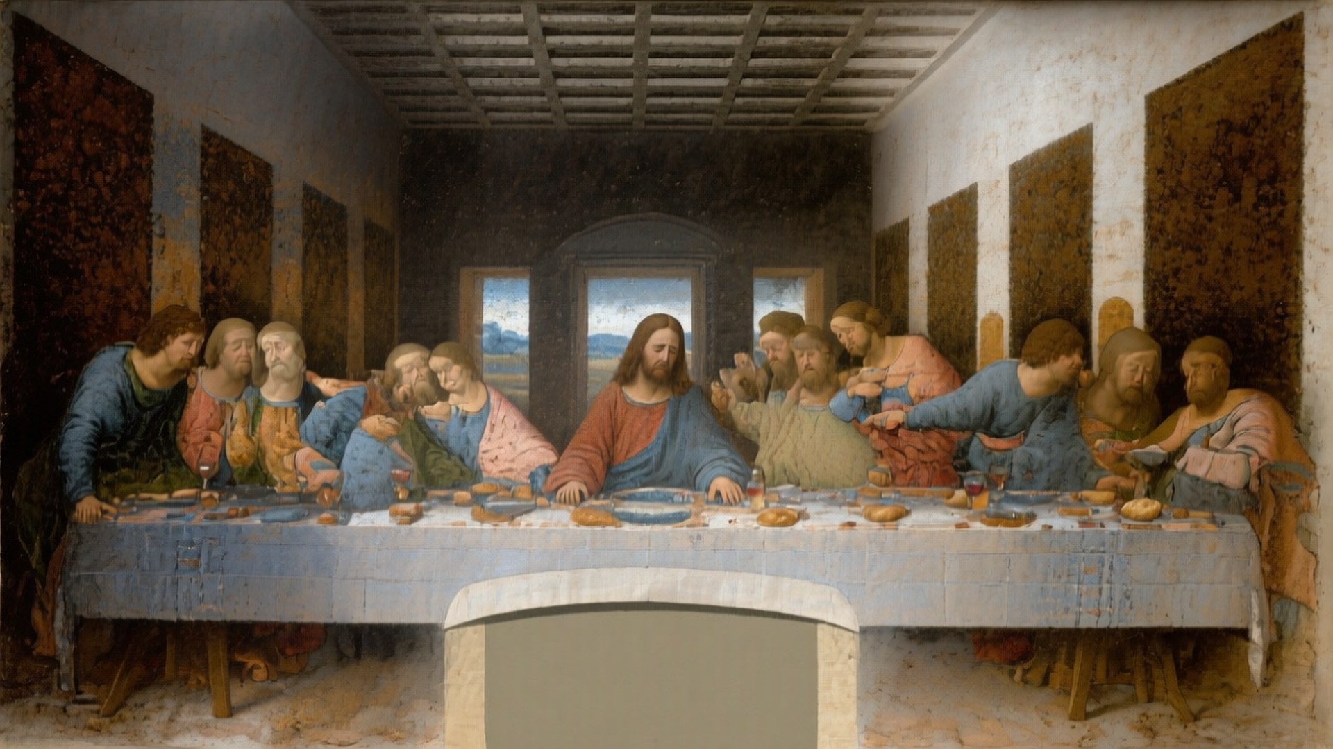 Last Supper Gathering 壁紙 — 耶穌和祂的門徒坐在一張長桌旁，房間光線昏暗，有石牆和木樑天花板。