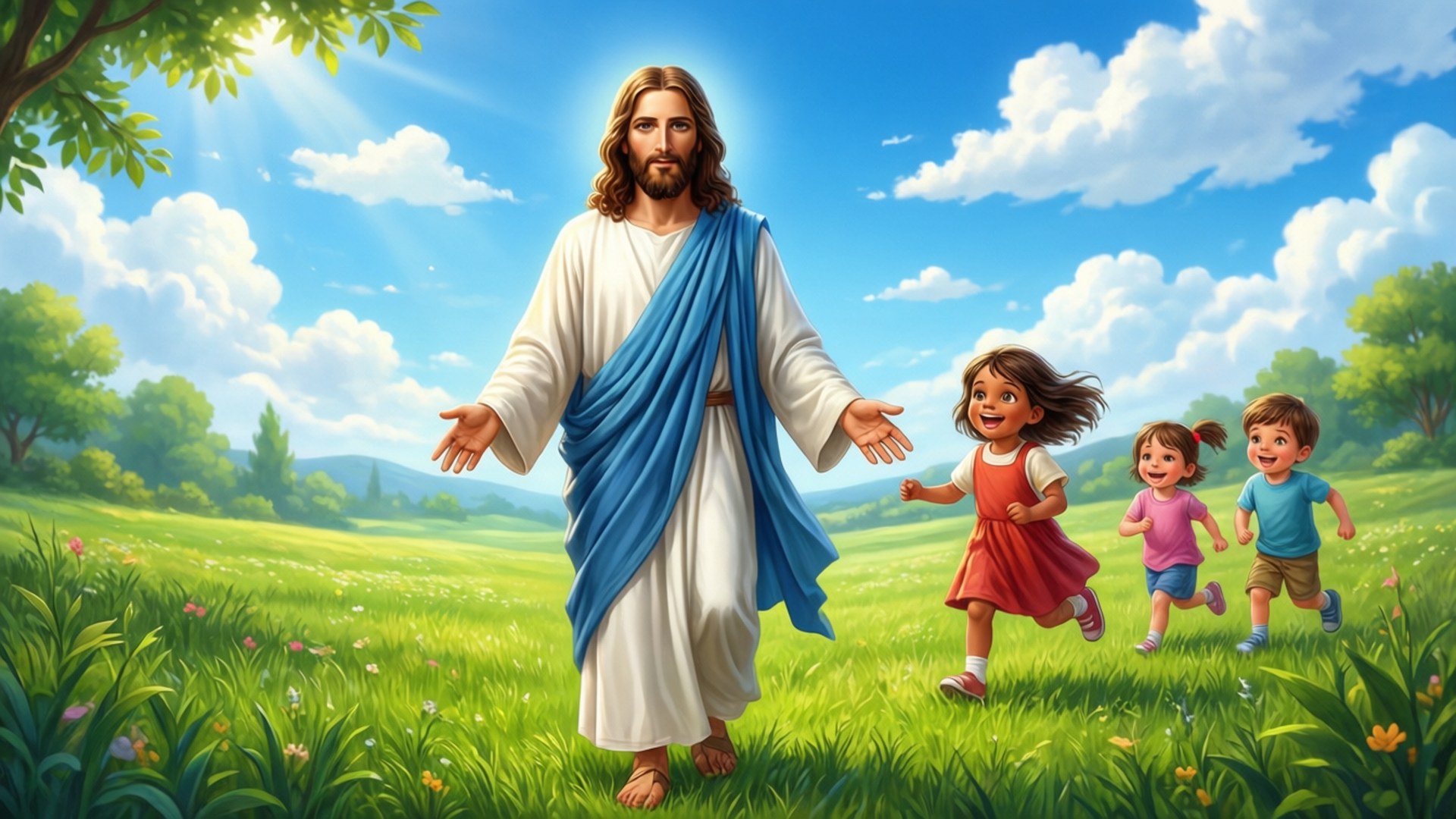 Jesus with Children 壁紙 — 耶穌身穿白色和藍色長袍，站在陽光明媚的草地上，歡迎三個快樂的孩子向他跑來。