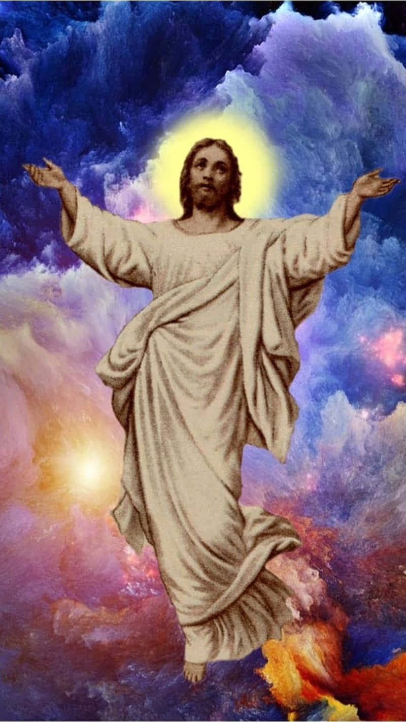  壁紙 — 耶穌基督張開雙臂，穿過充滿活力的宇宙雲層，帶著光輝的光環升天。