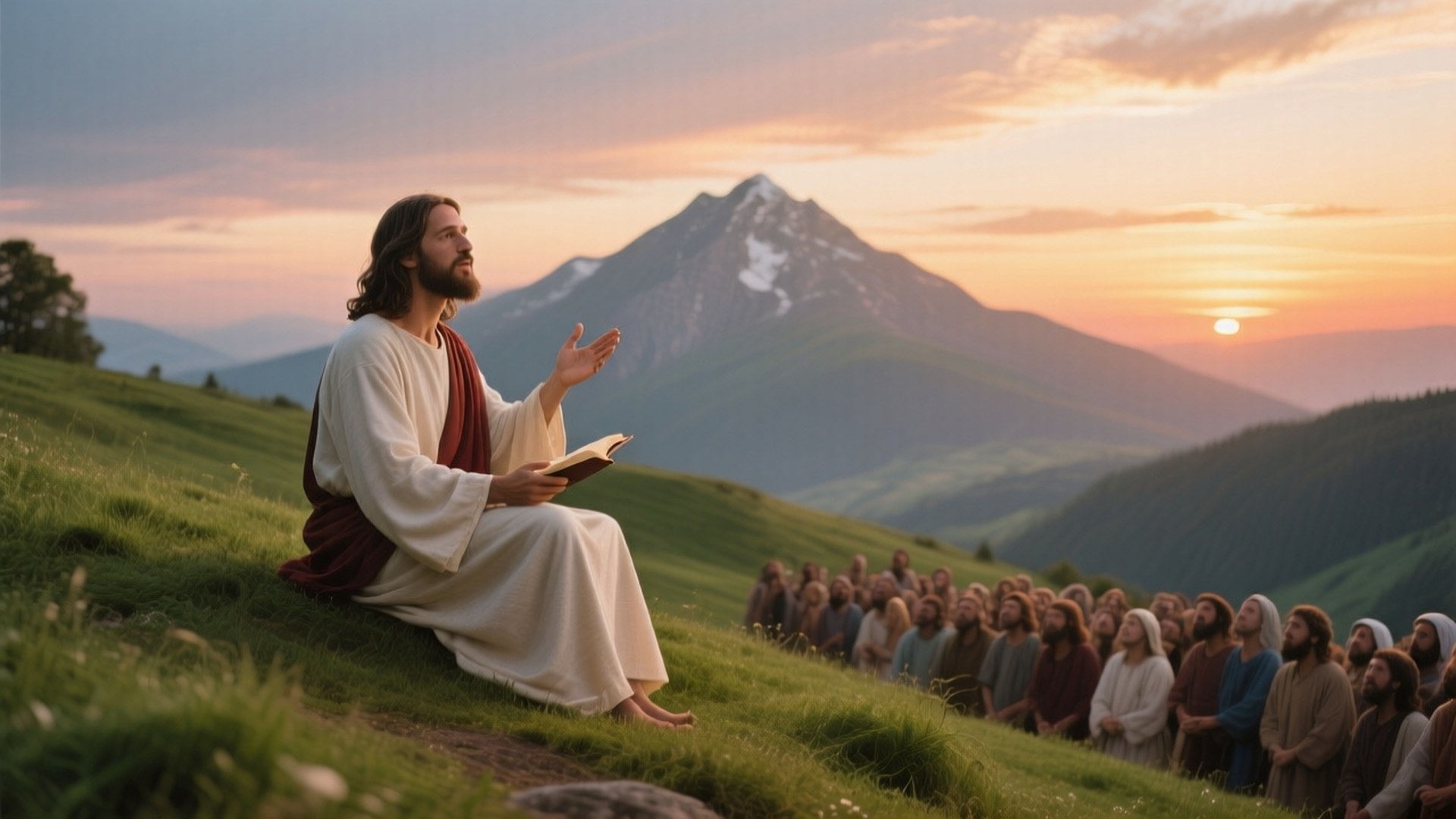 Sermon on the Mount 壁紙 — 耶穌坐在夕陽下的草地上，向人群講道，背景是雪山。