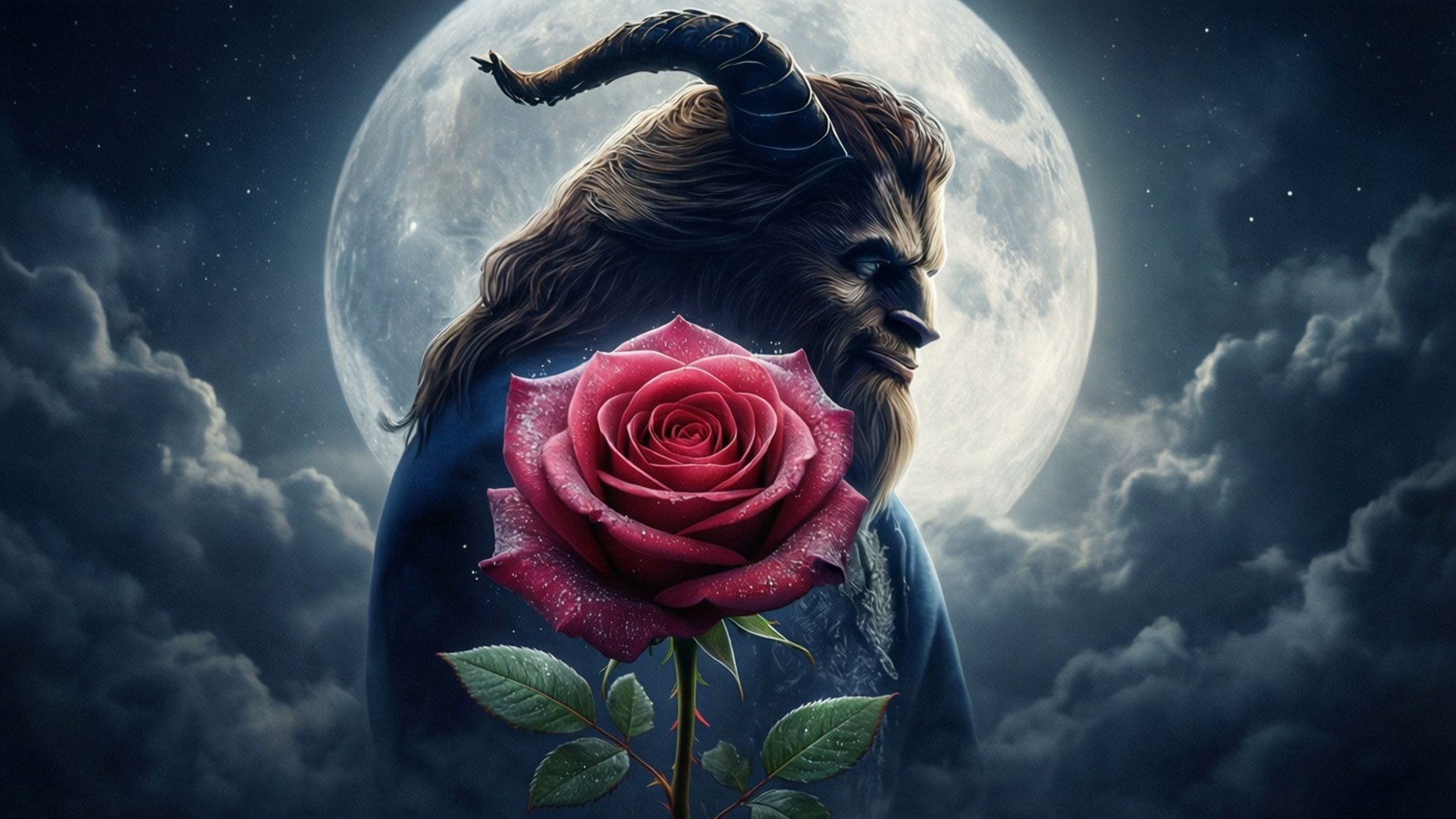Beast Silhouette Moon 壁紙 — 一隻長著黑色角的野獸，在月光照耀、雲層翻滾的天空下，拿著一朵帶露水的紅玫瑰。