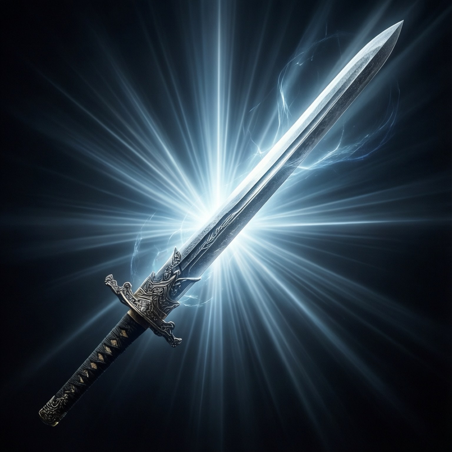 Radiant Blade 壁紙 — 一把發光的華麗劍在黑暗背景上散發出電光藍色光芒，帶有戲劇性的光線效果。